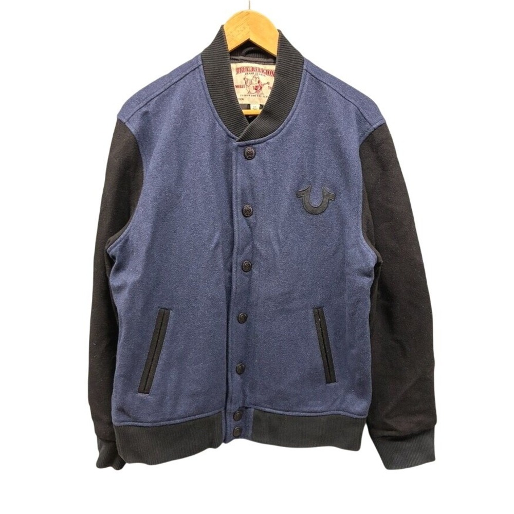 True Religion Varsity Bomber Jacket Mens M Blue Black Y2K Streetwear Spellout